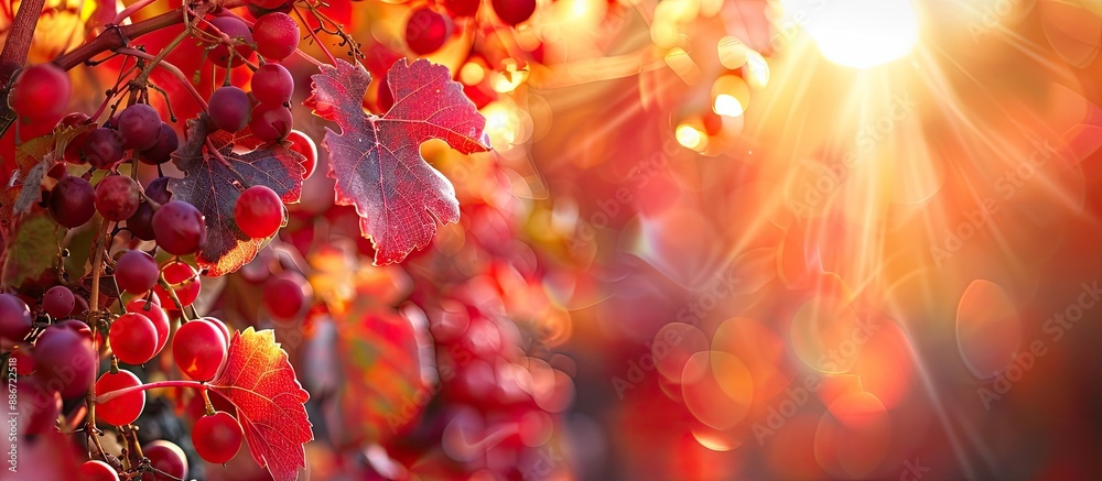 Poster autumn garden highlighted by vibrant red leaves of wild grapes creating a picturesque scene with a b