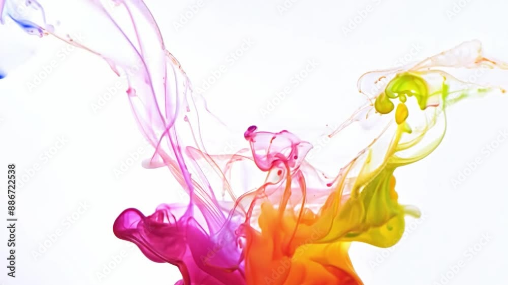 Aufkleber pink, yellow, and green ink explode in water, creating abstract shapes and swirls.