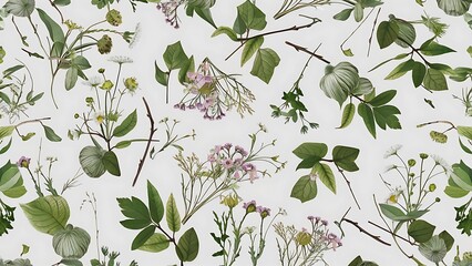 Floral pattern with wildflowers green leaves branches on white background flat lay top view