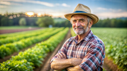Fototapeta premium A man farmer with a hat on his head next to his organic vegetable plot