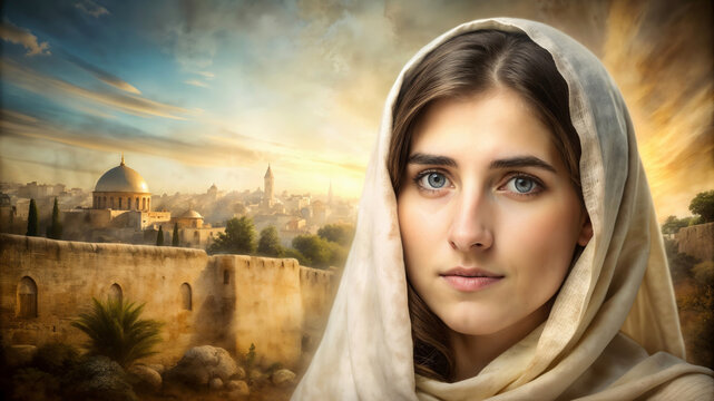 Portrait of a young prophetess of God a devout woman with a blurred background of an ancient city
