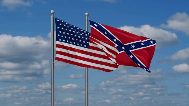 Confederate States Army and USA flags flying together, video concept of the relationship, two country relations concept