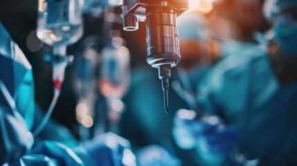 A focused image of surgical instruments with a blurred background of medical team members, highlighting the precision and critical nature of surgery in a clinical environment.