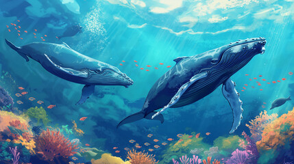 Fototapeta premium A​ couple of ​humpback on the underwater isolation, Illustration