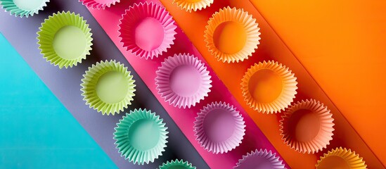 Baking cups for cupcakes and muffins displayed on colored paper pans with a copy space image