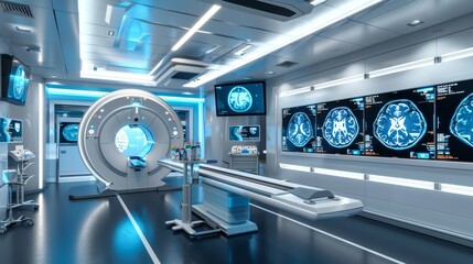 CuttingEdge Medical Technology Advanced Diagnostics Room with Digital Screens Displaying MRI CT and Xray Images in Sleek HighTech Setting