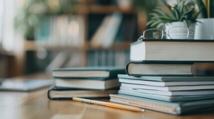 A neatly stacked collection of books accompanied by a pair of glasses sitting on a wooden table, representing knowledge, reading, and intellectual pursuits in a cozy setting.