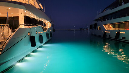 A yacht transmits light that is reflected in the water