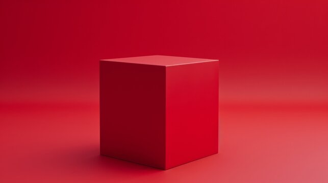 A red cube stand displaying a product or object