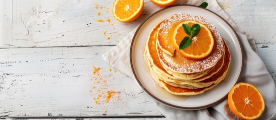 Plate with delicious pancakes garnished with orange slices copy space image