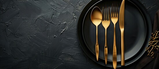 Elegant gold cutlery on black plates creates a stunning display with a sophisticated touch The image contains ample copy space for additional elements
