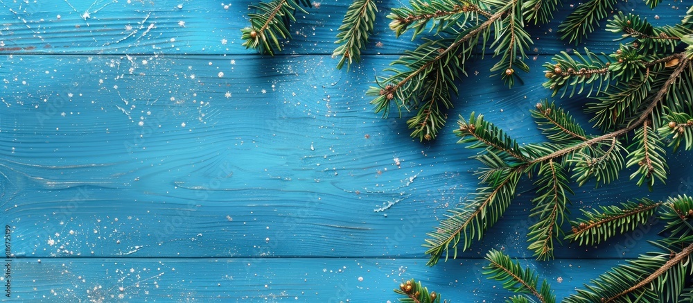 Poster Winter holidays concept with a flat lay arrangement of festive fir branches on a blue wooden backdrop offering copy space for text in the image