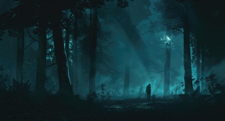 Fototapeta premium Silhouette of a Lone Figure in a Foggy Forest