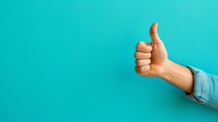 Hand of man showing thumb up gesture on turquoise background. Sign fingers Like or OK.
