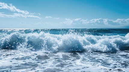 Fototapeta premium Powerful ocean waves crashing on the shore creating a dramatic seascape with foamy white crests under a clear blue sky