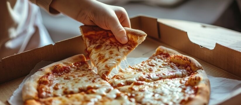 A child s hand reaching for a slice of pizza from a box showing a tempting snack with copy space image