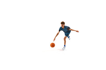 Basketball player in blue jersey dribbles ball with precision and agility against white studio...