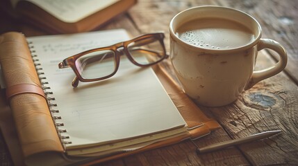School notebook with glasses and coffee on table