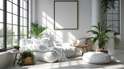 Modern chic white bedroom showcasing a plush bed, a serene lounge space, and a panoramic window. A mockup frame on the wall invites your unique artistic expression.