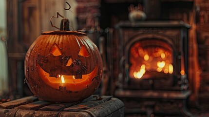 Halloween jack o lantern pumpkin on a vintage fireplice indoors