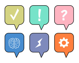 speech bubble design contains a ceklis, electrical, gear wheel symbol and question and exclamation mark