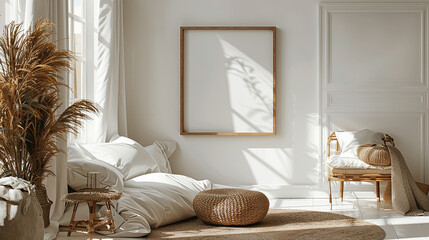 Modern chic white bedroom showcasing a plush bed, a serene lounge space, and a panoramic window. A mockup frame on the wall invites your unique artistic expression.