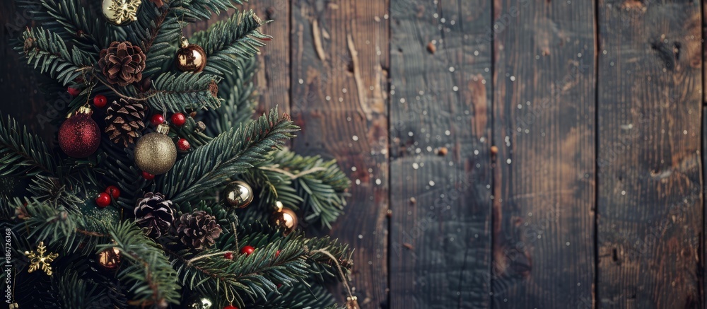 Canvas Prints Festive fir tree adorned with ornaments on a rustic dark wood backdrop ideal for a copy space image