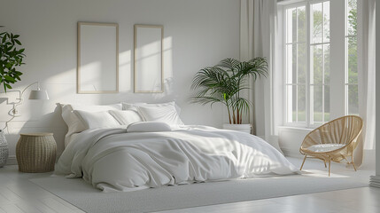 Modern chic white bedroom showcasing a plush bed, a serene lounge space, and a panoramic window. A mockup frame on the wall invites your unique artistic expression.