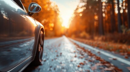 A car speeding along a scenic road through a forest during autumn, with vibrant fall foliage on both sides, capturing the essence of a serene and picturesque drive.