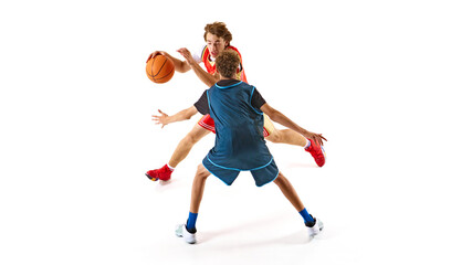 Dynamic photo of player in red makes strategic move with ball, while defender in blue tries to...