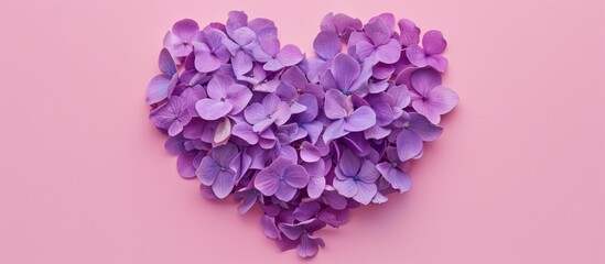 Fototapeta premium Purple lilac flower petals forming a heart shape on a pink background ideal for adding text or graphics in the central copy space image