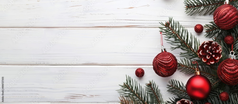 Wall mural christmas ornaments in red felt with pine branches on a white wooden table background creating a fes