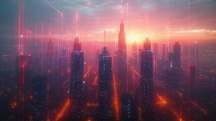 Obraz premium Closeup of a cityscape illuminated by vibrant digital networks, dynamic light beams streaking across the skyline, modern technology theme