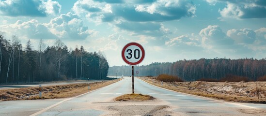 Sign displaying a 30 km h speed limit in a zone with ample space for additional content known as a copy space image