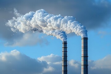 Closeup of industrial smokestacks releasing heavy smoke into a cloudy sky, intense and dramatic, focus on pollution and industry
