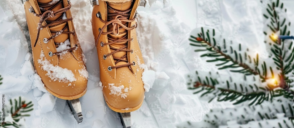 Wall mural festive greeting card featuring wooden skates on snowy backdrop with ample copy space image flat lay