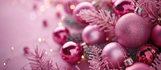 Holiday backdrop featuring pink Christmas decorations and a blank space for text or images. Copy space image. Place for adding text and design