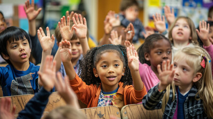 8. Group of students of various ages raising hands to answer questions during a classroom discussion 