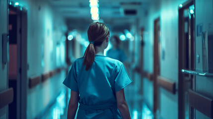 Female healthcare worker walking down dimly lit hospital corridor. View from behind, showing scrubs and ponytail. Eerie blue lighting creates mysterious atmosphere.