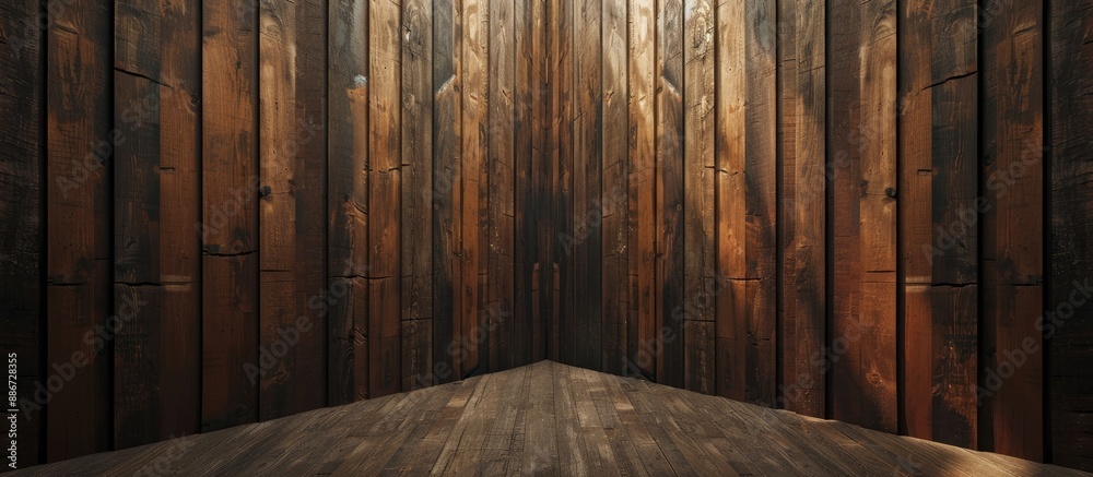 Poster Wooden panels in a dimly lit corner as a background with room for text in the image. Copy space image. Place for adding text and design