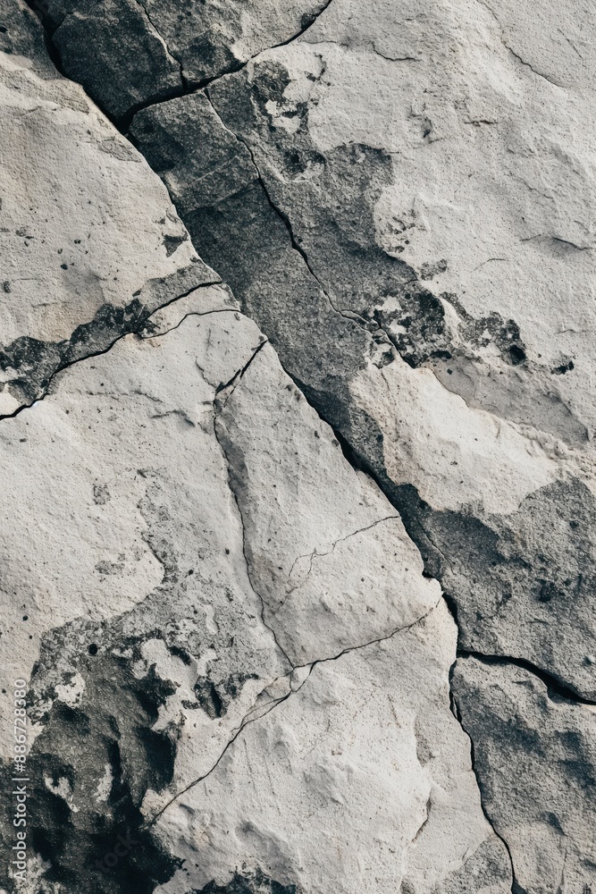 Poster rough granite rock face with white patches, black and gray textures. close-up view of stone surface 