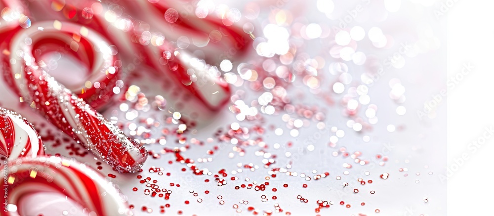 Wall mural gold and red candy canes shiny with glitter on a white backdrop centered with selective focus on a b