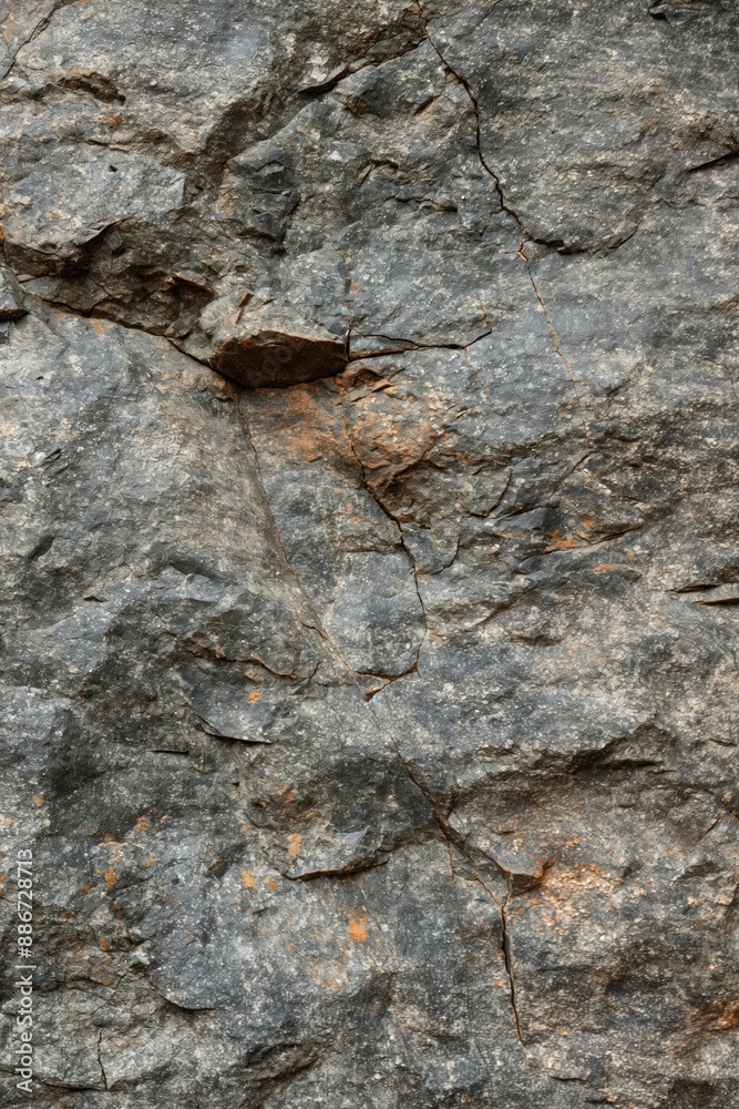 Poster rock wall close-up view from below. weathered gray granite with orange and brown patches. light beig