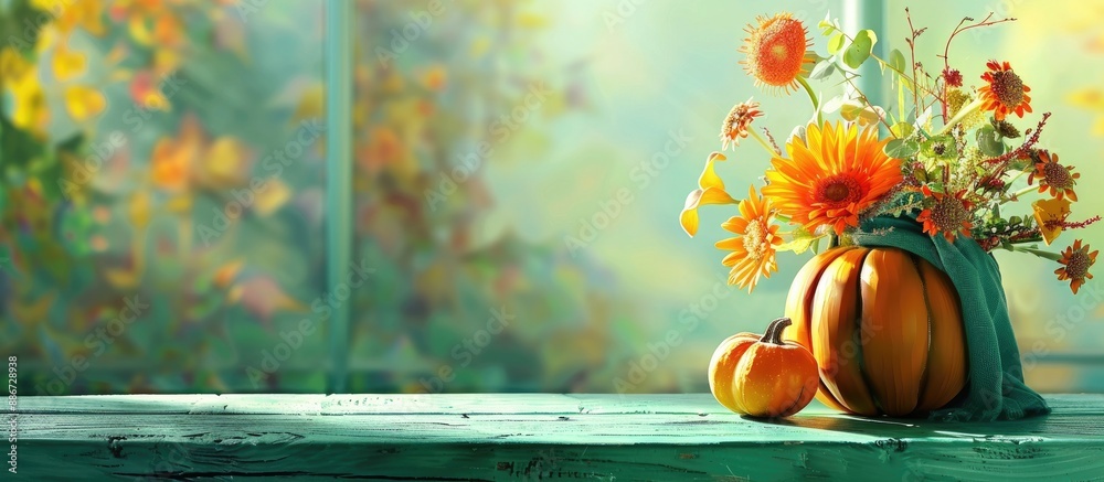 Canvas Prints autumn bouquet in pumpkin on wooden table with a green background perfect for a copy space image