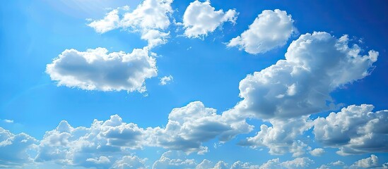 A broad blue sky with fluffy clouds floating in copy space image
