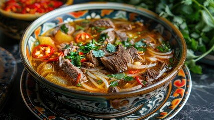 Delicious lagman soup uzbek lagman soup Asian cuisine lagman soup with meat and vegetables Lagman soup with beef noodles sweet peppers onions and herbs