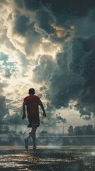 Fototapeta premium A solitary football player walks on a wet field, his back to the camera, as a dramatic storm brews overhead