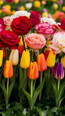Spring bouquet of bright multi colored flowers close up bouquet of roses tulips in green leaves