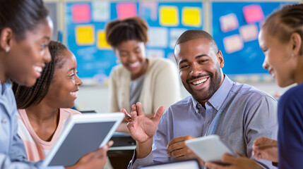 Smiling male and female educators sharing teaching strategies using digital devices in a modern classroom 