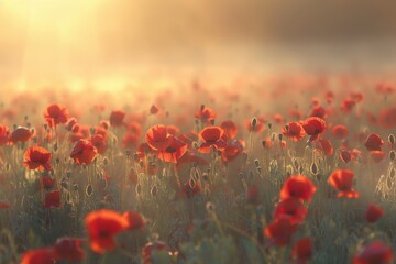 Obraz premium Sunlit Poppy Field in the Morning Mist